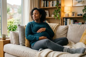 Woman in early pregnancy managing digestive discomfort at home