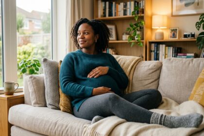 Woman in early pregnancy managing digestive discomfort at home